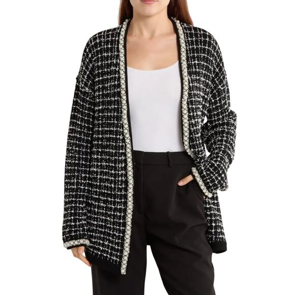 Alice + Olivia Bradford Beaded Open Front Cardigan Tweed Embellished Large NWT